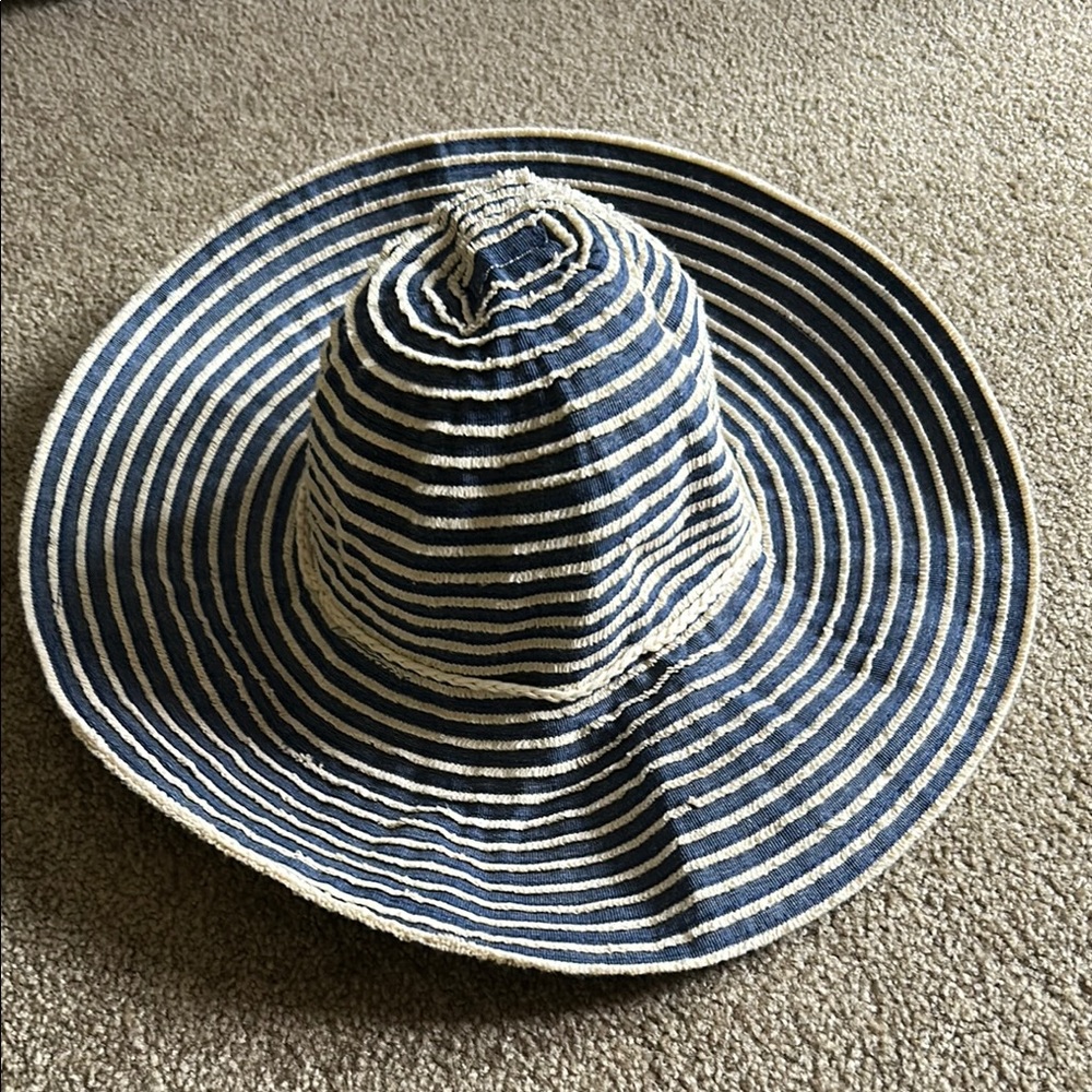 Woman’s Denim Blue Striped Beach Hat with braided cord trim